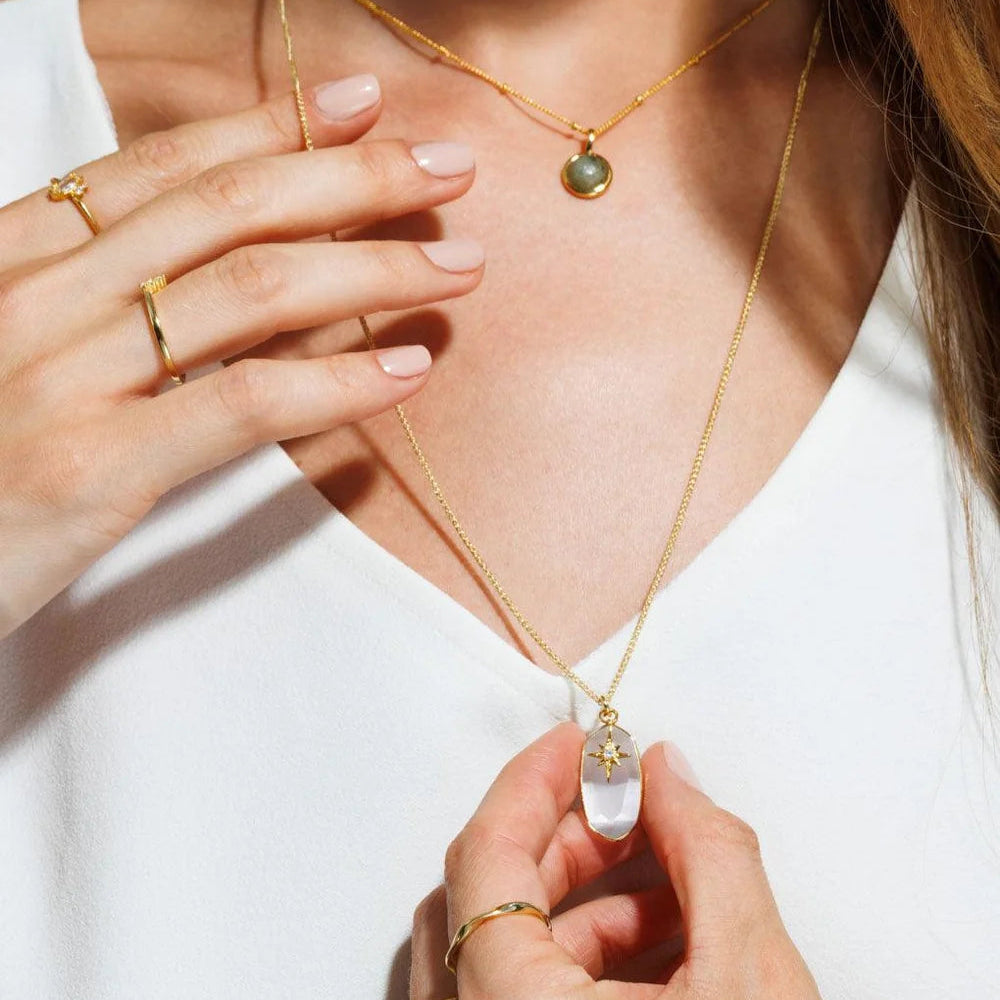 Pearl Long Mystic Necklace worn by a woman