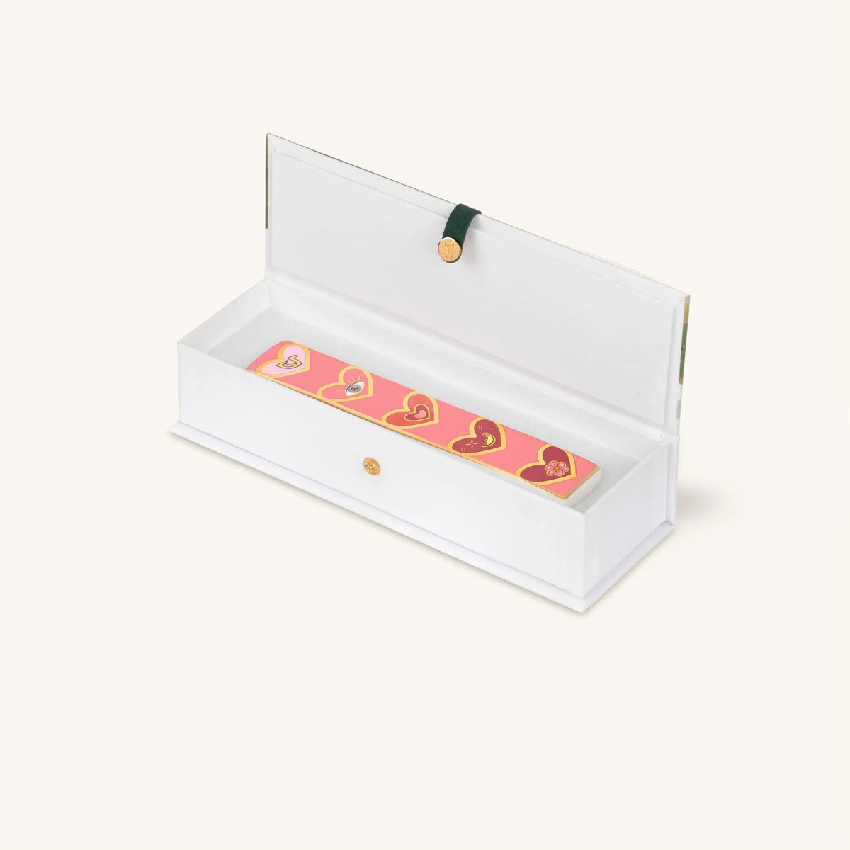 Love Lives Here pink heart mezuzah displayed in open gift box