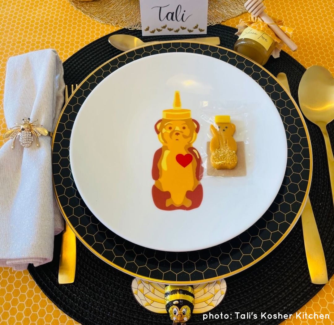 Marzipan Honey Bear served at a Rosh Hashanah place setting