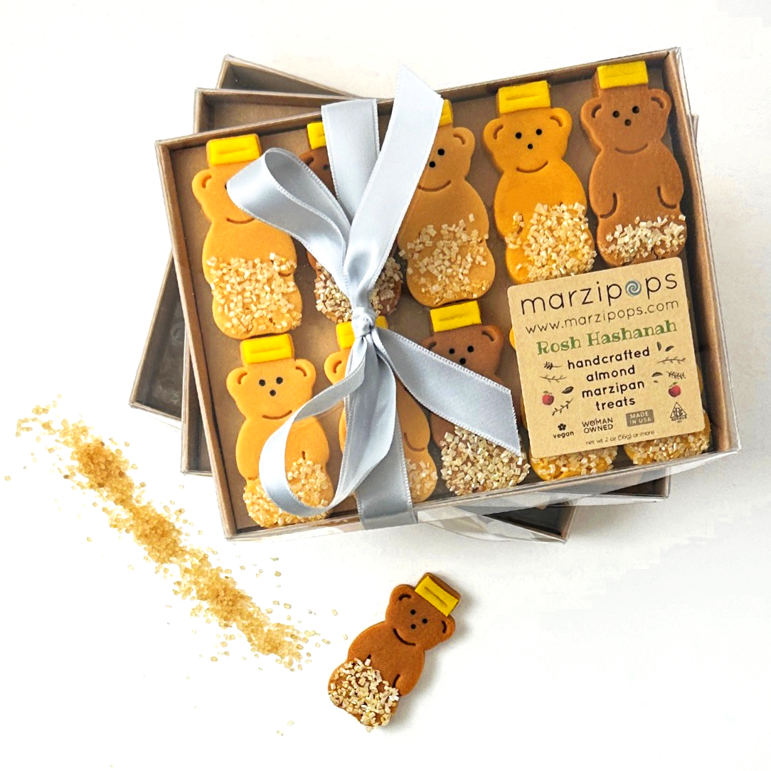 Rosh Hashanah marzipan Honey Bears packaged in a Marzipops gift box