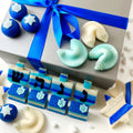 Hanukkah Elegant Gift Box with blue and white marzipan dreidels, Stars of David, fortune cookies, and rainbow cookies