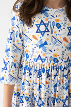 Happy Hanukkah three-quarter sleeve pocket twirl dress for kids by Mila & Rose, main product photo
