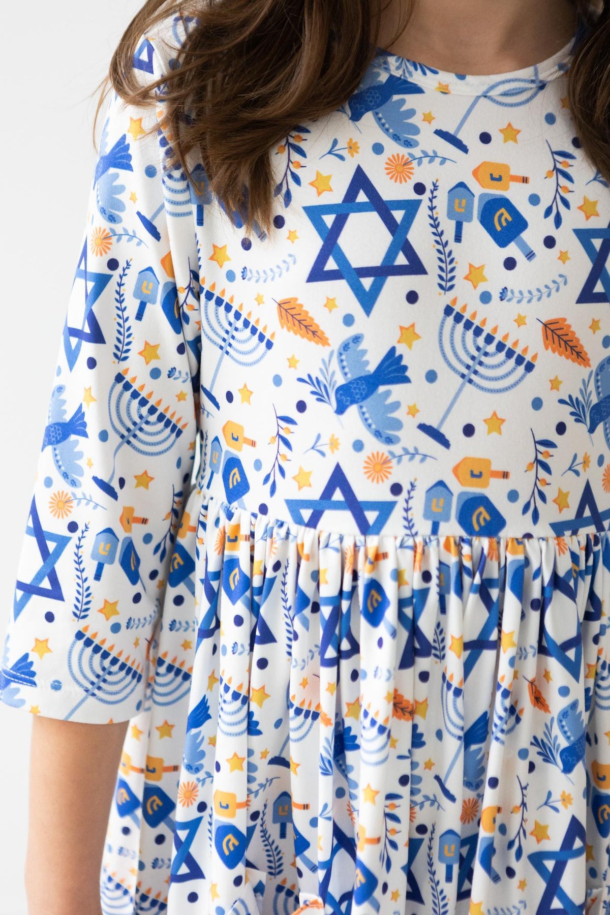 Happy Hanukkah three-quarter sleeve pocket twirl dress for kids by Mila & Rose, main product photo
