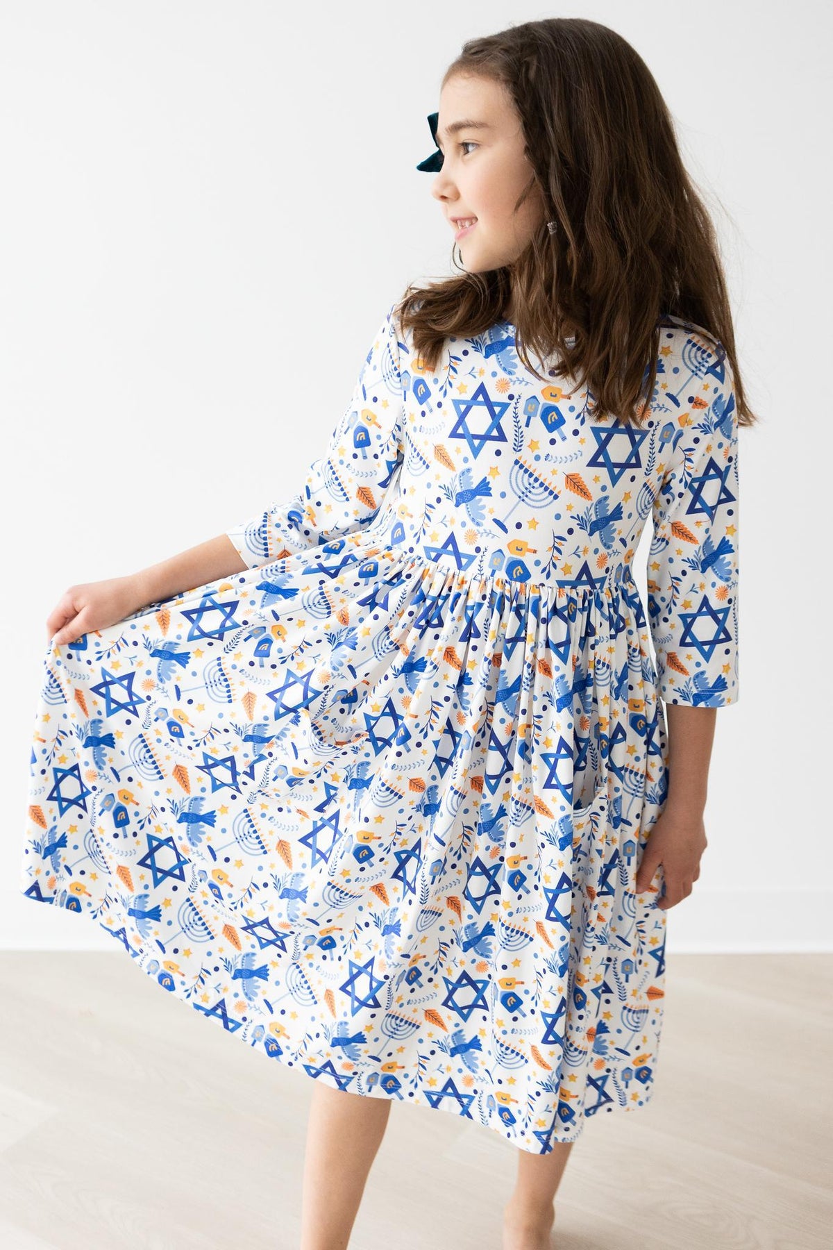 Happy Hanukkah pocket twirl dress for kids by Mila & Rose, second product photo