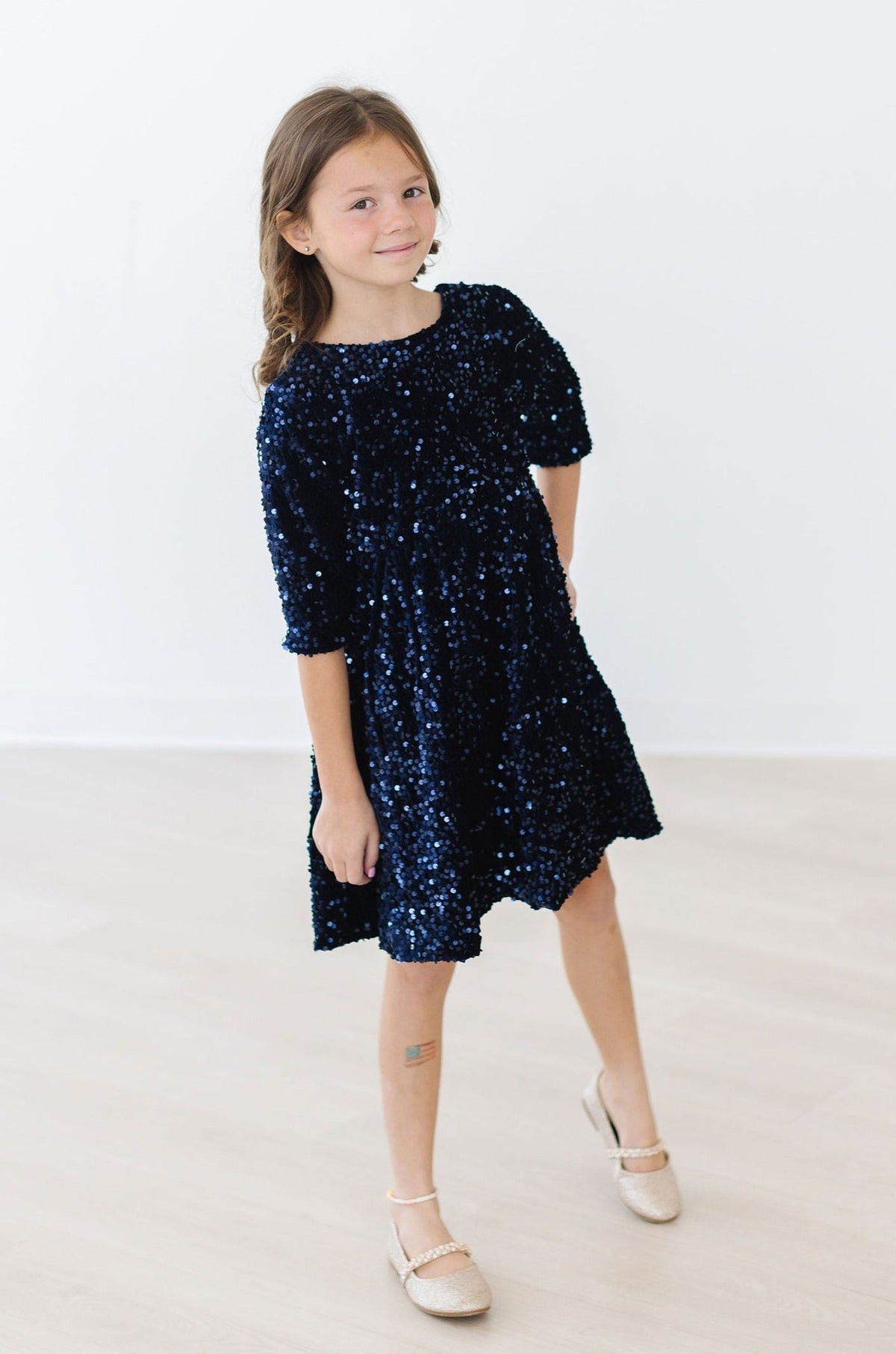 Navy blue velvet sequin dress for girls by Mila & Rose, main product photo
