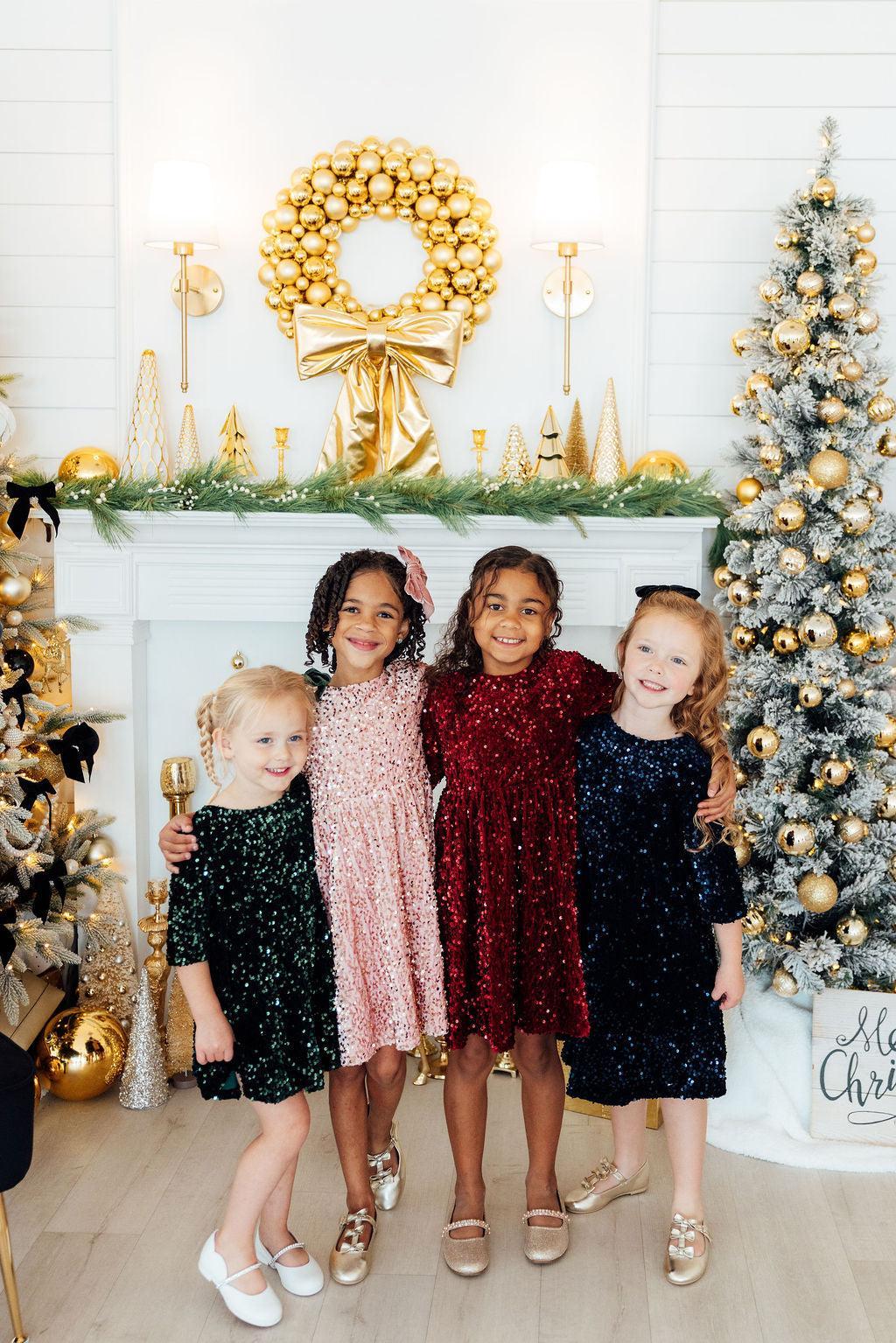 Navy blue velvet sequin dress for girls by Mila & Rose, second product photo
