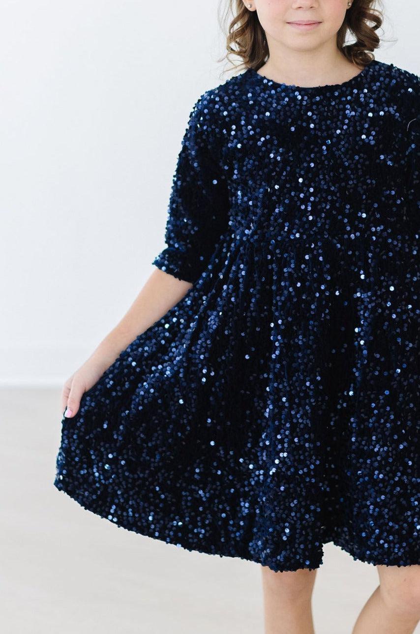 Navy blue velvet sequin dress for girls by Mila & Rose, third product photo