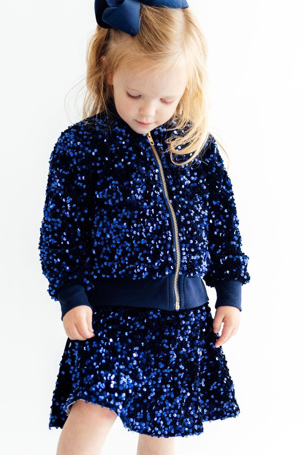 Navy blue velvet sequin jacket for kids by Mila & Rose, main product photo