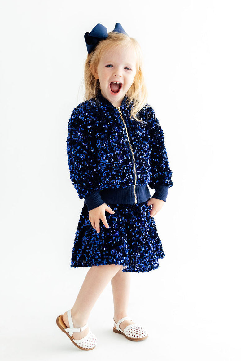 Navy blue velvet sequin jacket for kids by Mila & Rose, second product photo
