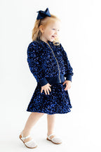 Navy blue velvet sequin twirl skort with built-in shorts by Mila & Rose, main product photo