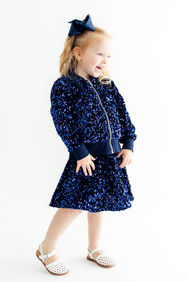 Navy blue velvet sequin twirl skort with built-in shorts by Mila & Rose, main product photo