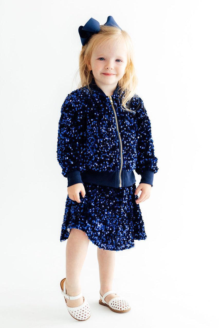 Navy blue velvet sequin twirl skort for kids by Mila & Rose, second product photo