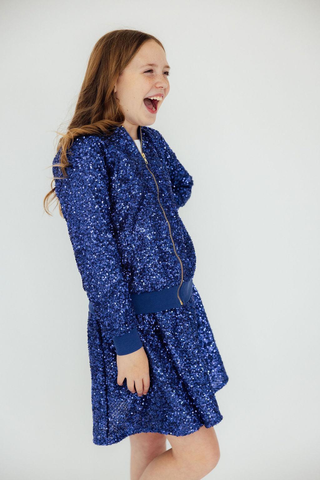 Royal blue sequin jacket for kids by Mila & Rose, main product photo