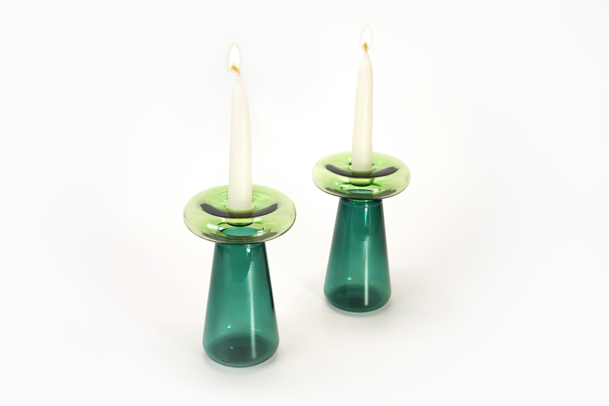 Pair of Mushroom Shabbat Candlesticks in Emerald and Grass glass by Tchotchke