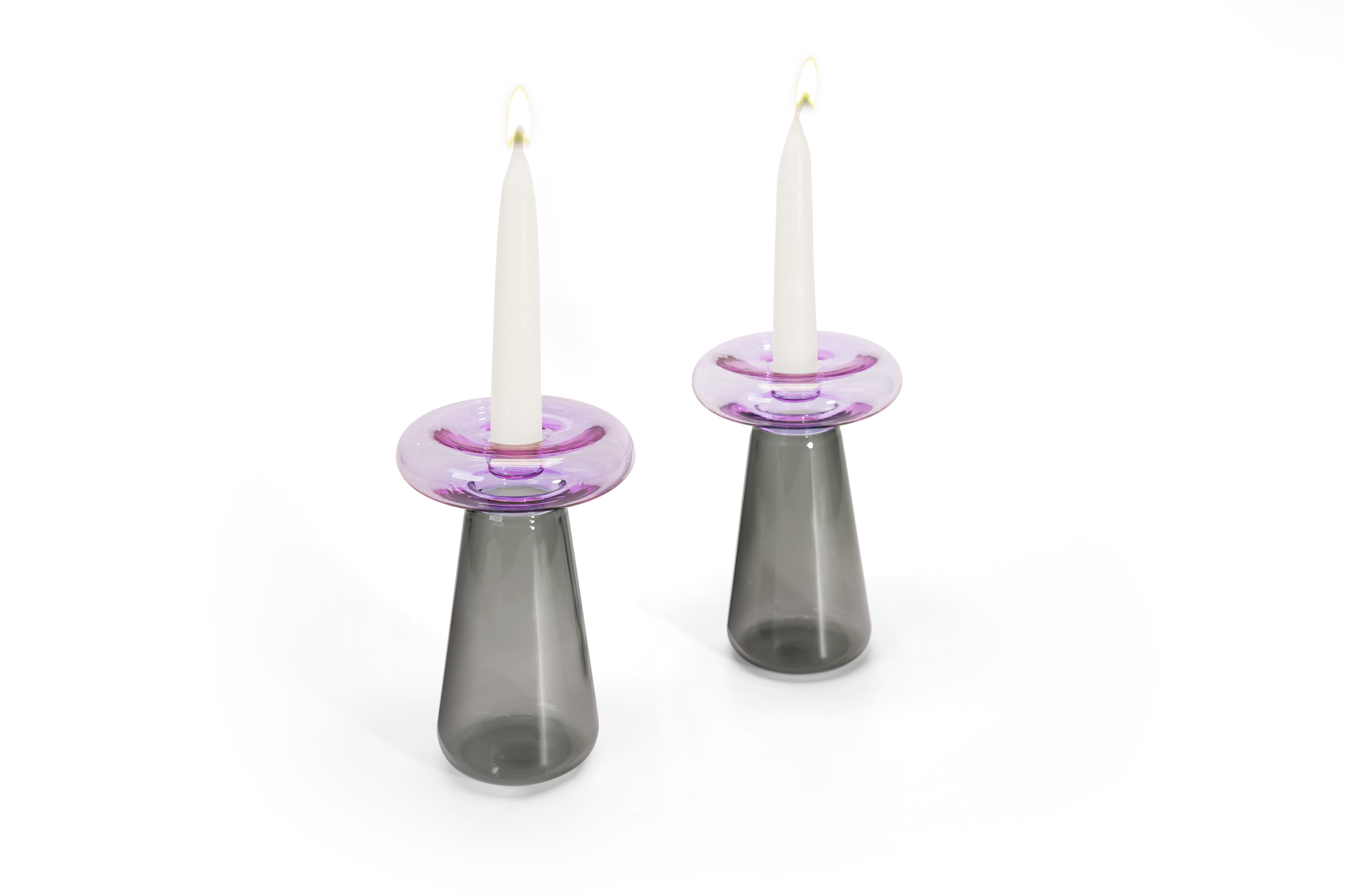 Pair of Mushroom Shabbat Candlesticks in Purple and Smoke glass by Tchotchke