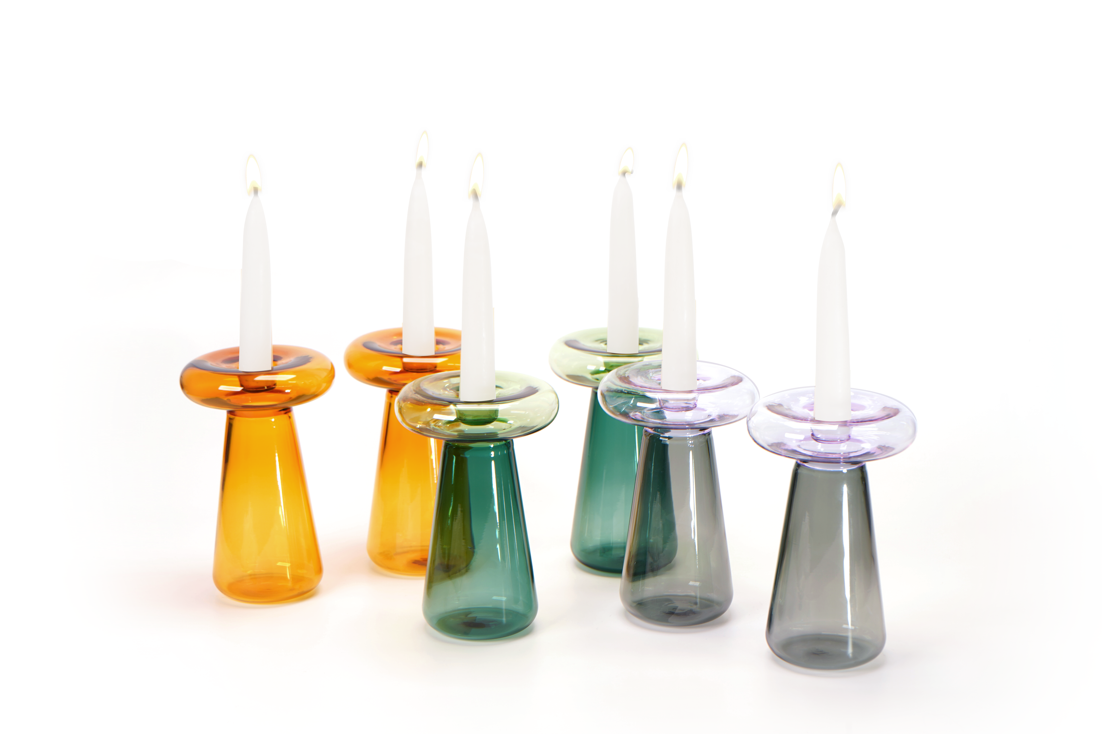 Colorful glass Mushroom Shabbat Candlesticks in three two-tone colorways by Tchotchke