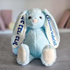 Blue plush bunny personalized with a child’s name in English and Hebrew on the floppy ears