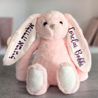 Pink plush bunny personalized with a child’s name in English and Hebrew on the floppy ears