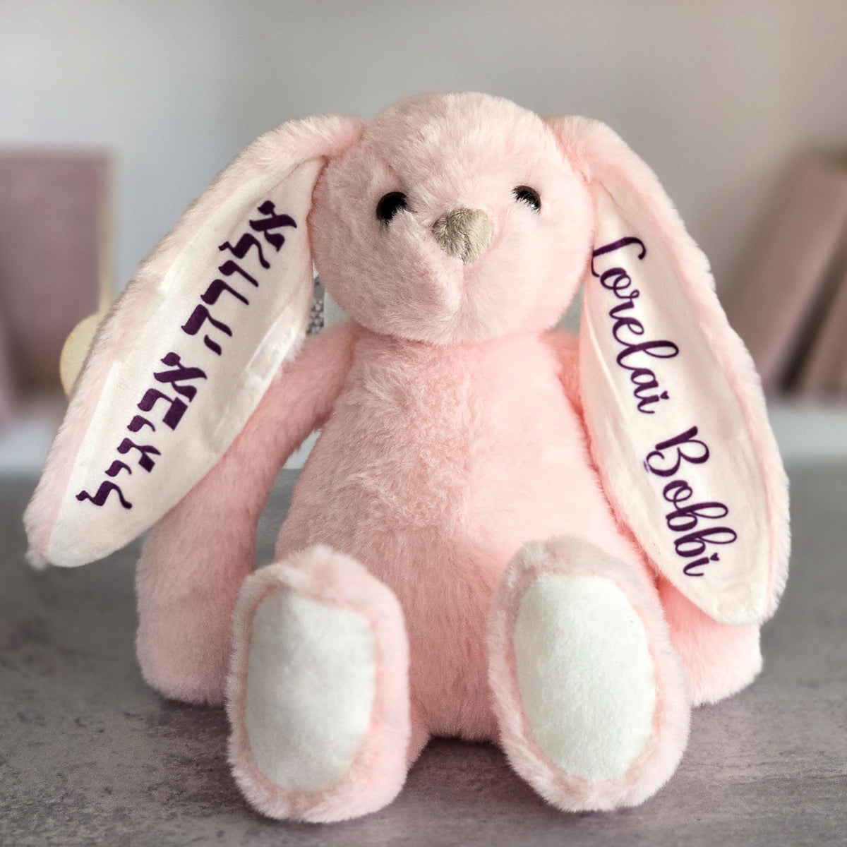 Pink plush bunny personalized with a child’s name in English and Hebrew on the floppy ears