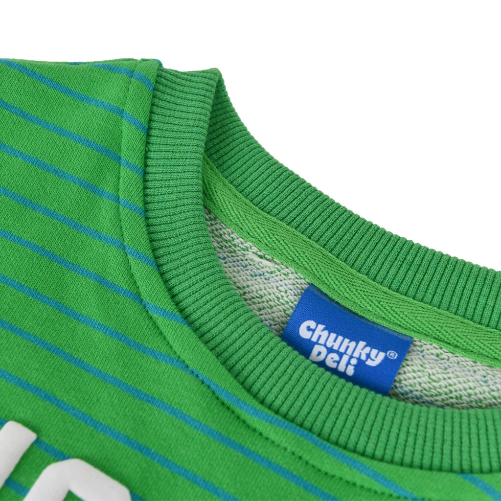 Green striped Pickles toddler crewneck sweater by Chunky Deli, fifth view