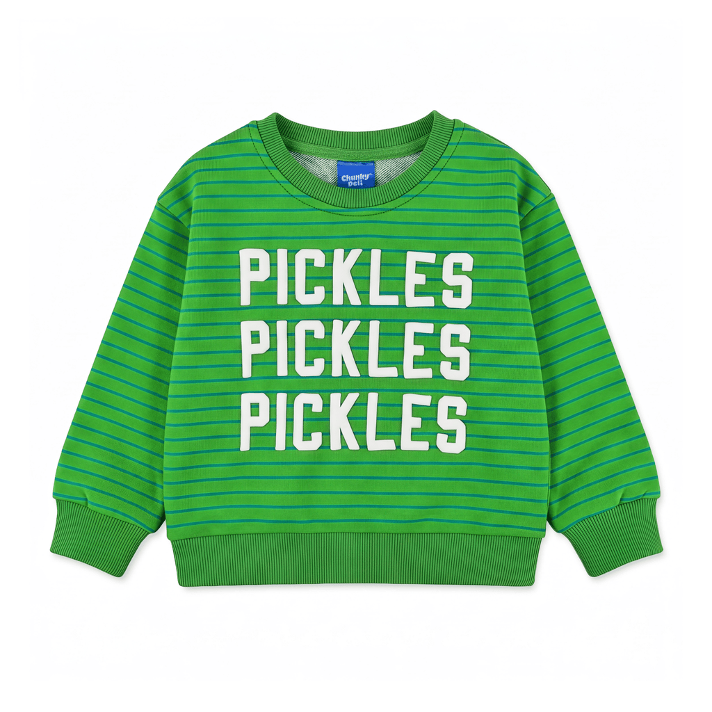 Chunky Deli Pickles kids crewneck sweater with green stripes and white lettering