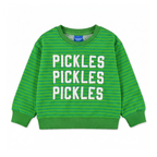 Chunky Deli Pickles kids crewneck sweater with green stripes and white lettering