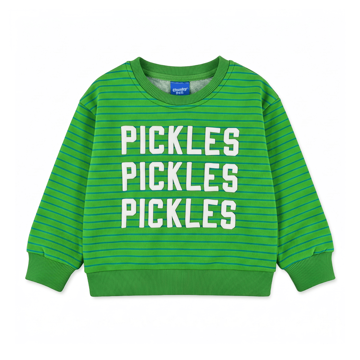 Chunky Deli Pickles kids crewneck sweater with green stripes and white lettering