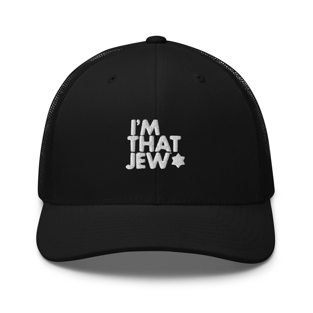 I’m That Jew™ Retro Trucker Hat in black with white embroidered design by Eitan Chitayat