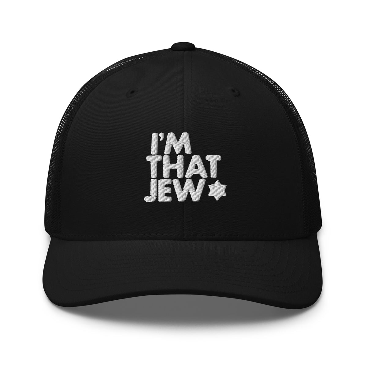 Eitan Chitayat's I’m That Jew™ Retro Trucker Hat in black with white 3D embroidery