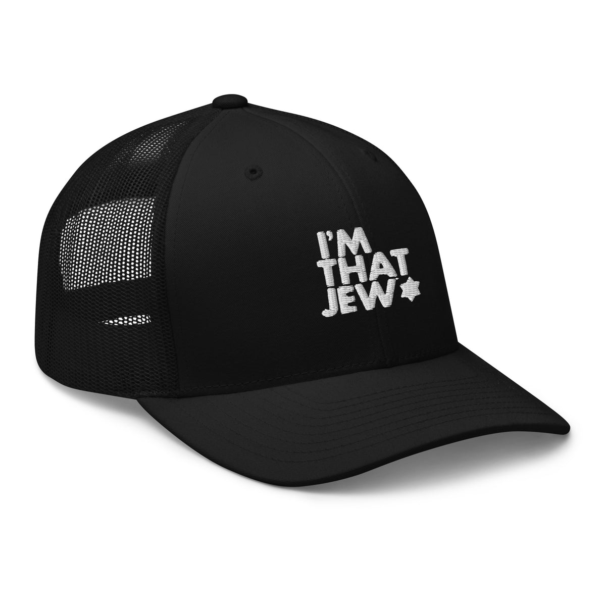 I’m That Jew™ Retro Trucker Hat in black with white embroidery, angled view, by Eitan Chitayat