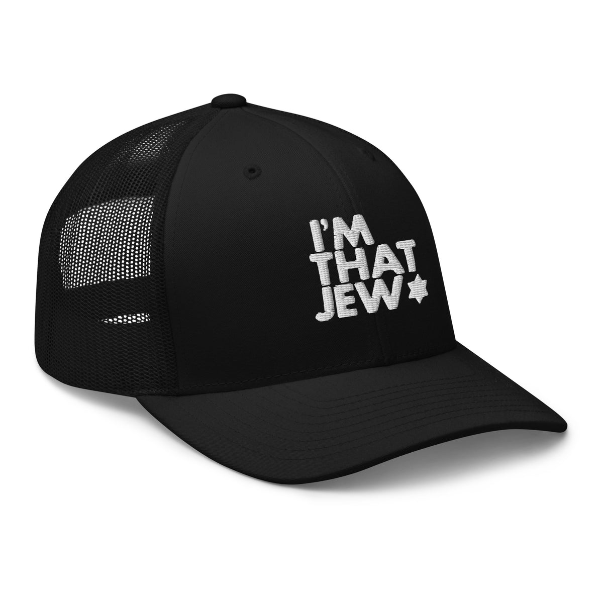 Eitan Chitayat's I’m That Jew™ Retro Trucker Hat in black with white 3D embroidery, angled view