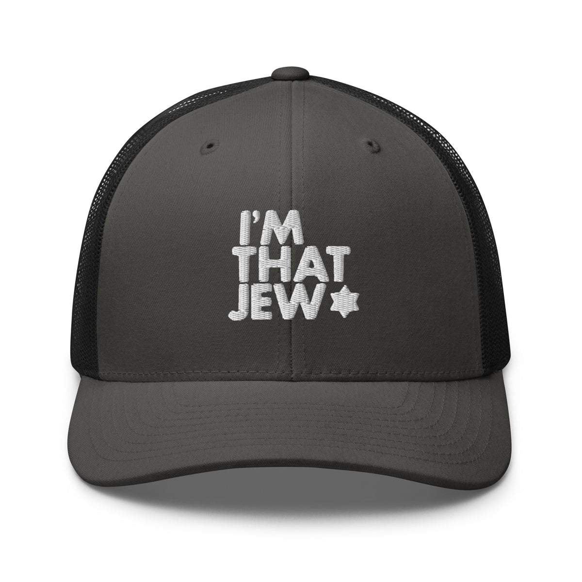 Eitan Chitayat's I’m That Jew™ Retro Trucker Hat in charcoal and black with white 3D embroidery
