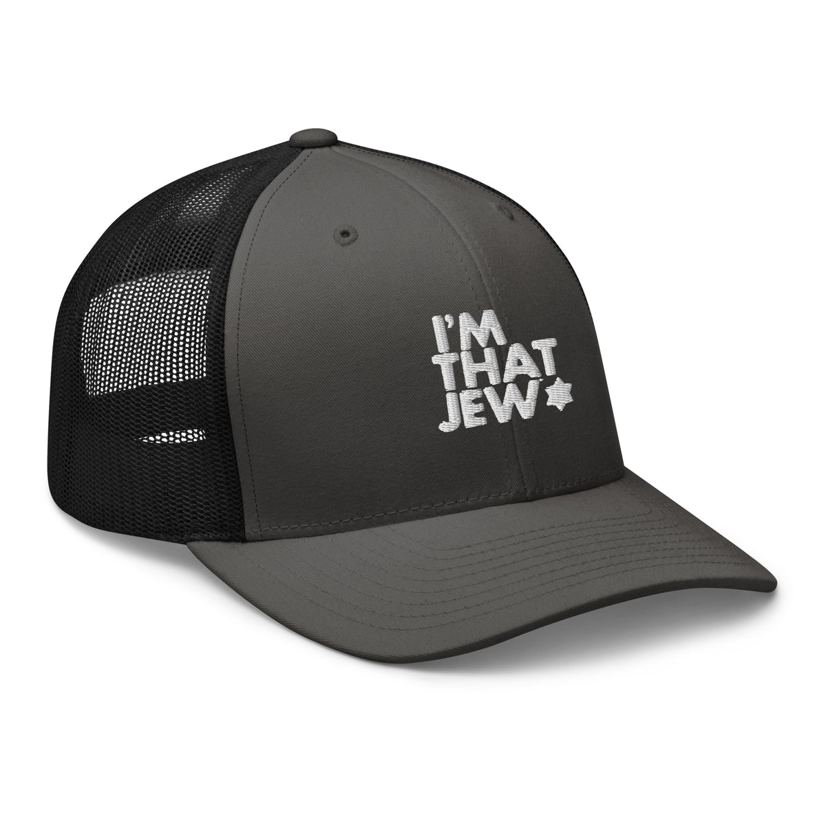 I’m That Jew™ Retro Trucker Hat in charcoal and black with white embroidery, angled view, by Eitan Chitayat