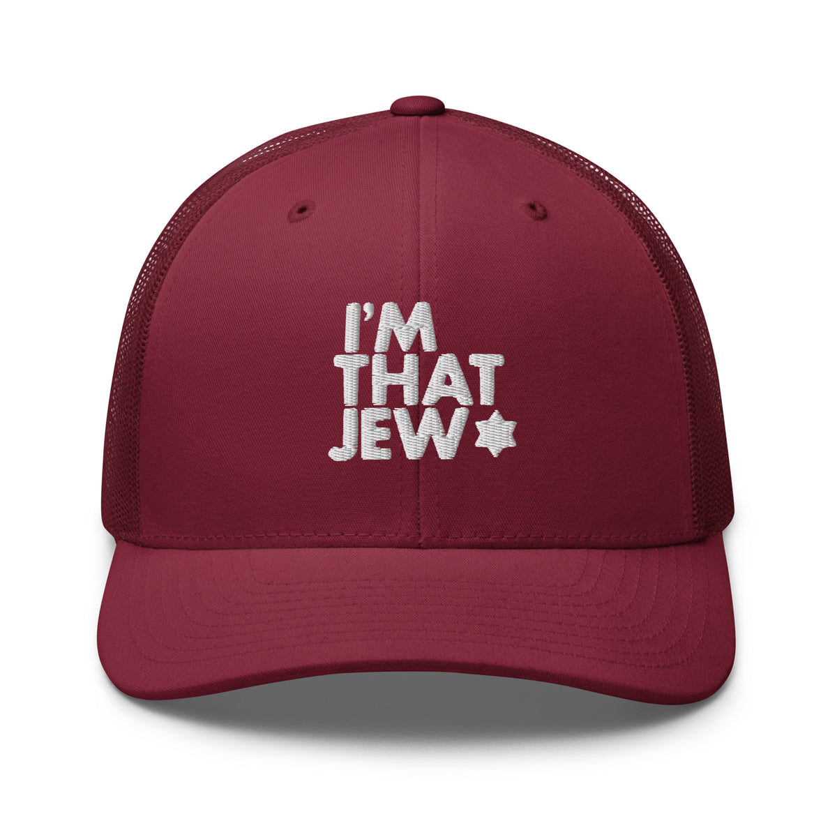 Eitan Chitayat's I’m That Jew™ Retro Trucker Hat in cranberry with white 3D embroidery