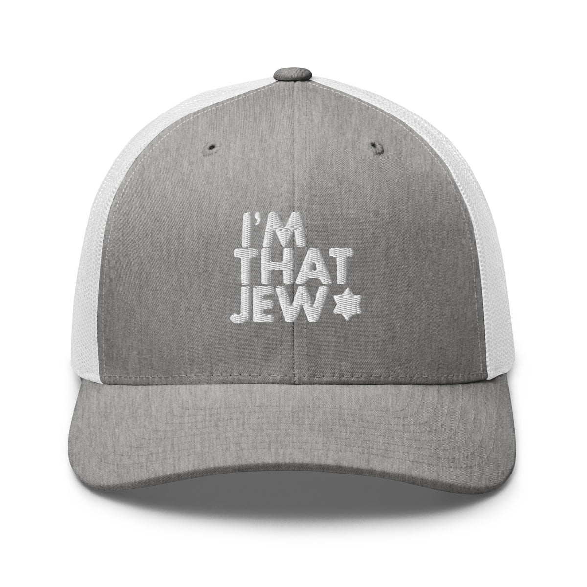 Eitan Chitayat's I’m That Jew™ Retro Trucker Hat in white with white 3D embroidery