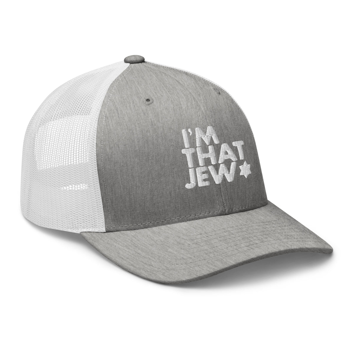 Eitan Chitayat's I’m That Jew™ Retro Trucker Hat in white with white 3D embroidery