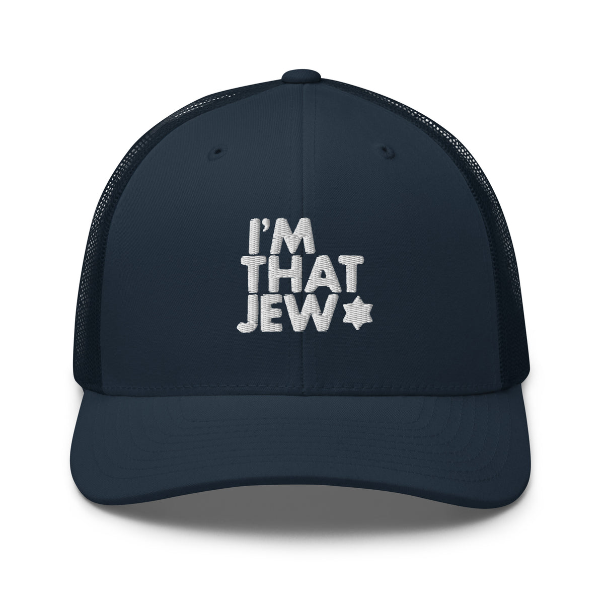 Eitan Chitayat's I’m That Jew™ Retro Trucker Hat in navy with white 3D embroidery