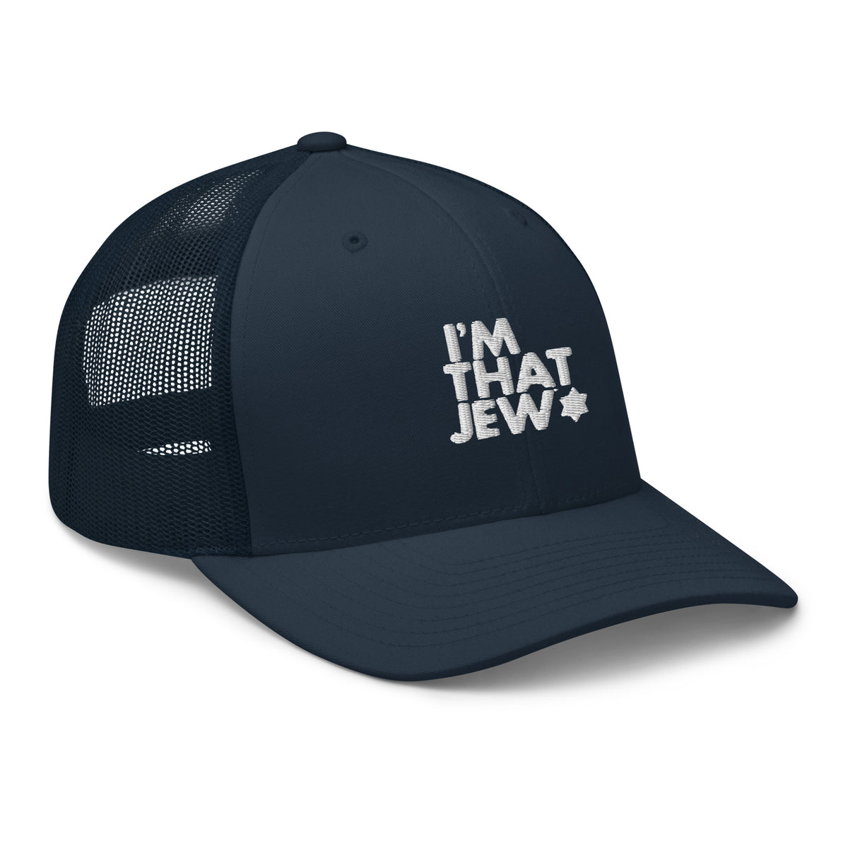 I’m That Jew™ Retro Trucker Hat in navy with white embroidery, angled view, by Eitan Chitayat