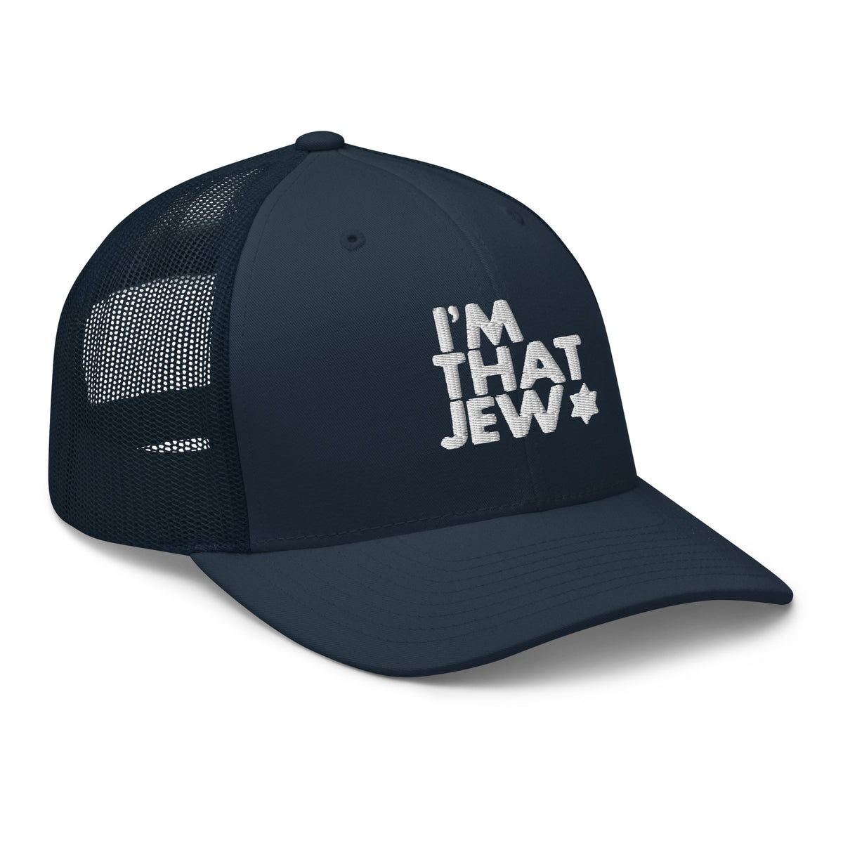 Eitan Chitayat's I’m That Jew™ Retro Trucker Hat in navy with white 3D embroidery, angled view