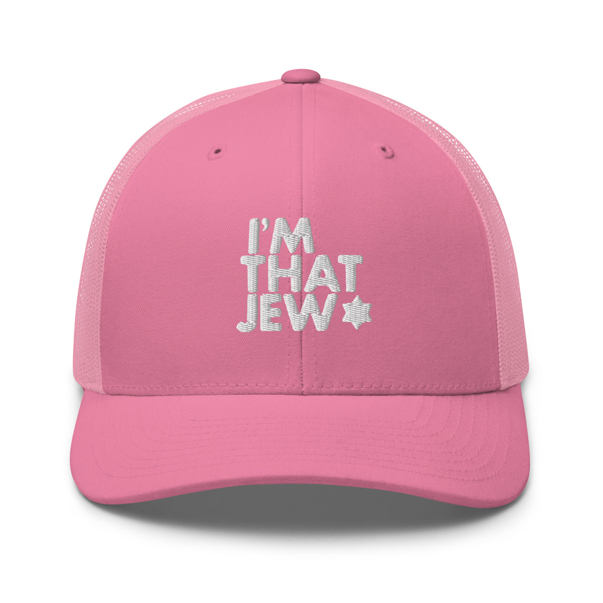 Eitan Chitayat's I’m That Jew™ Retro Trucker Hat in pink with white 3D embroidery