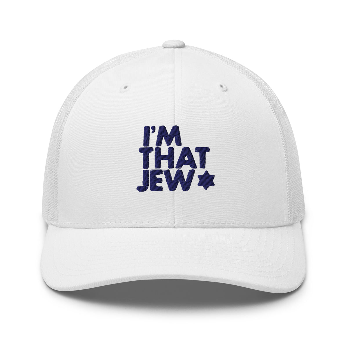 Eitan Chitayat's I’m That Jew™ Retro Trucker Hat in white with navy 3D embroidery