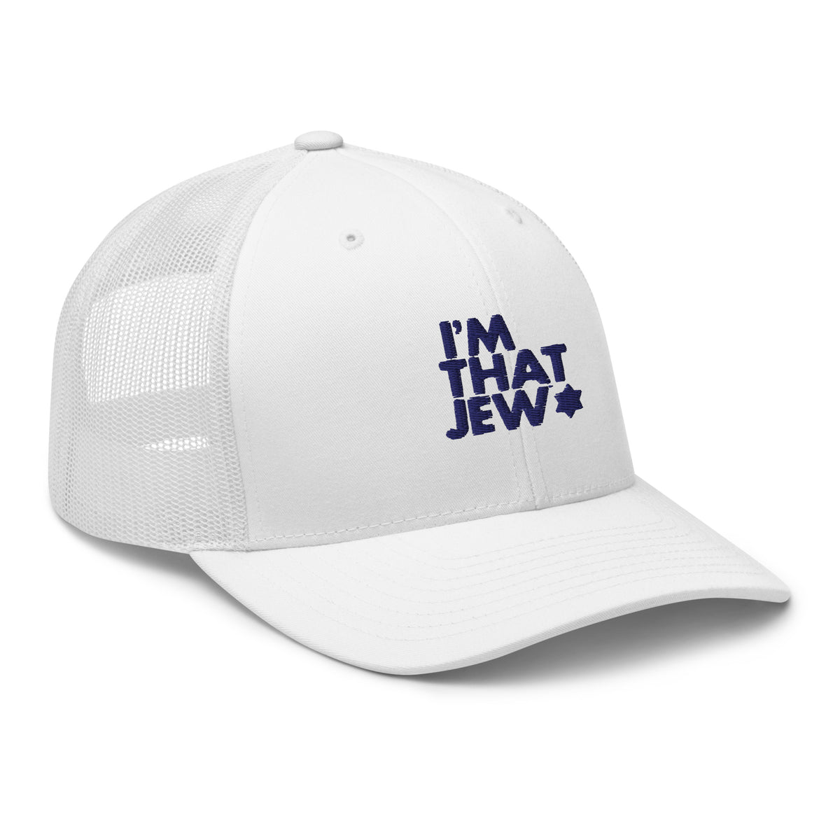 I’m That Jew™ Retro Trucker Hat in white with navy embroidery, angled view, by Eitan Chitayat