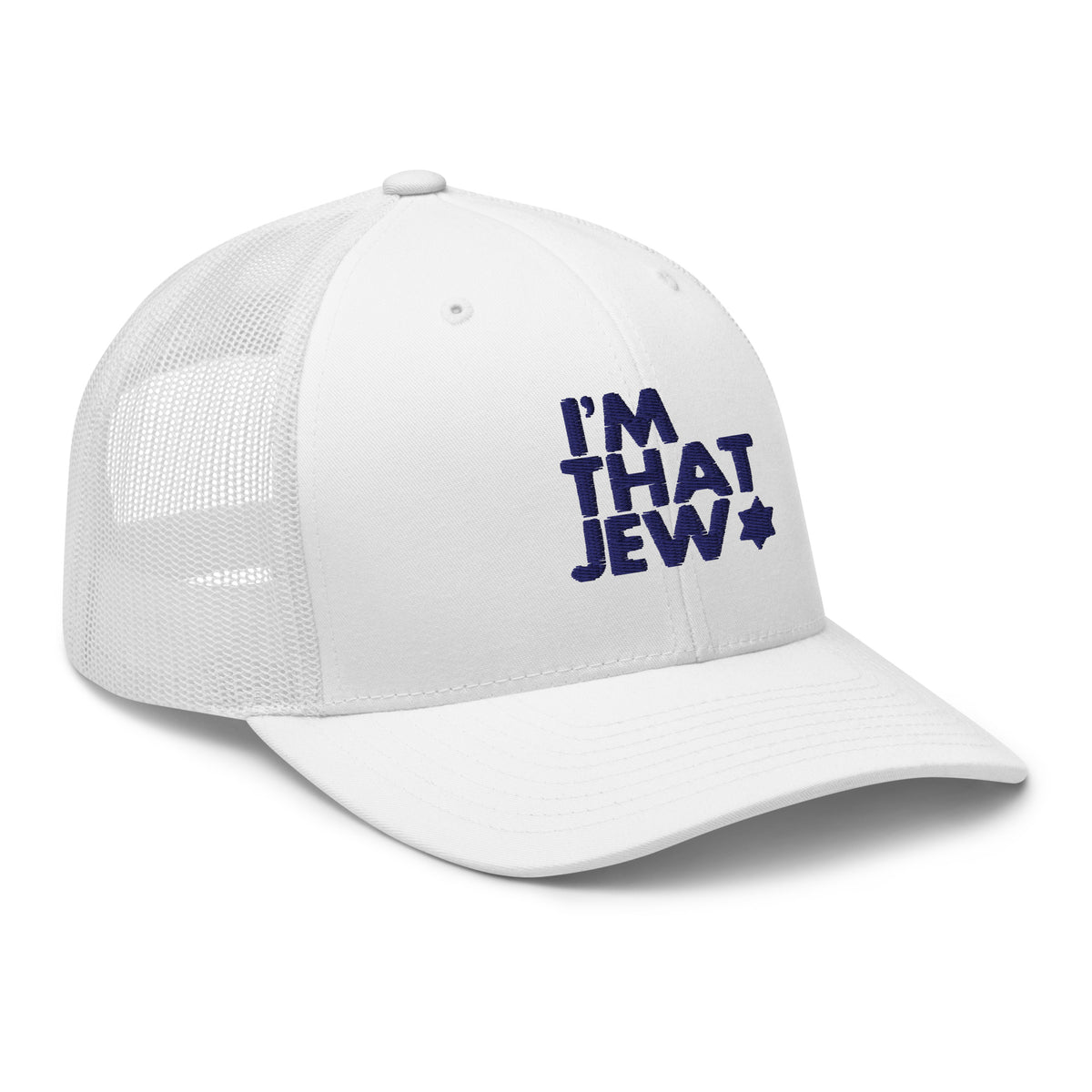 Eitan Chitayat's I’m That Jew™ Retro Trucker Hat in white with navy 3D embroidery, angled view