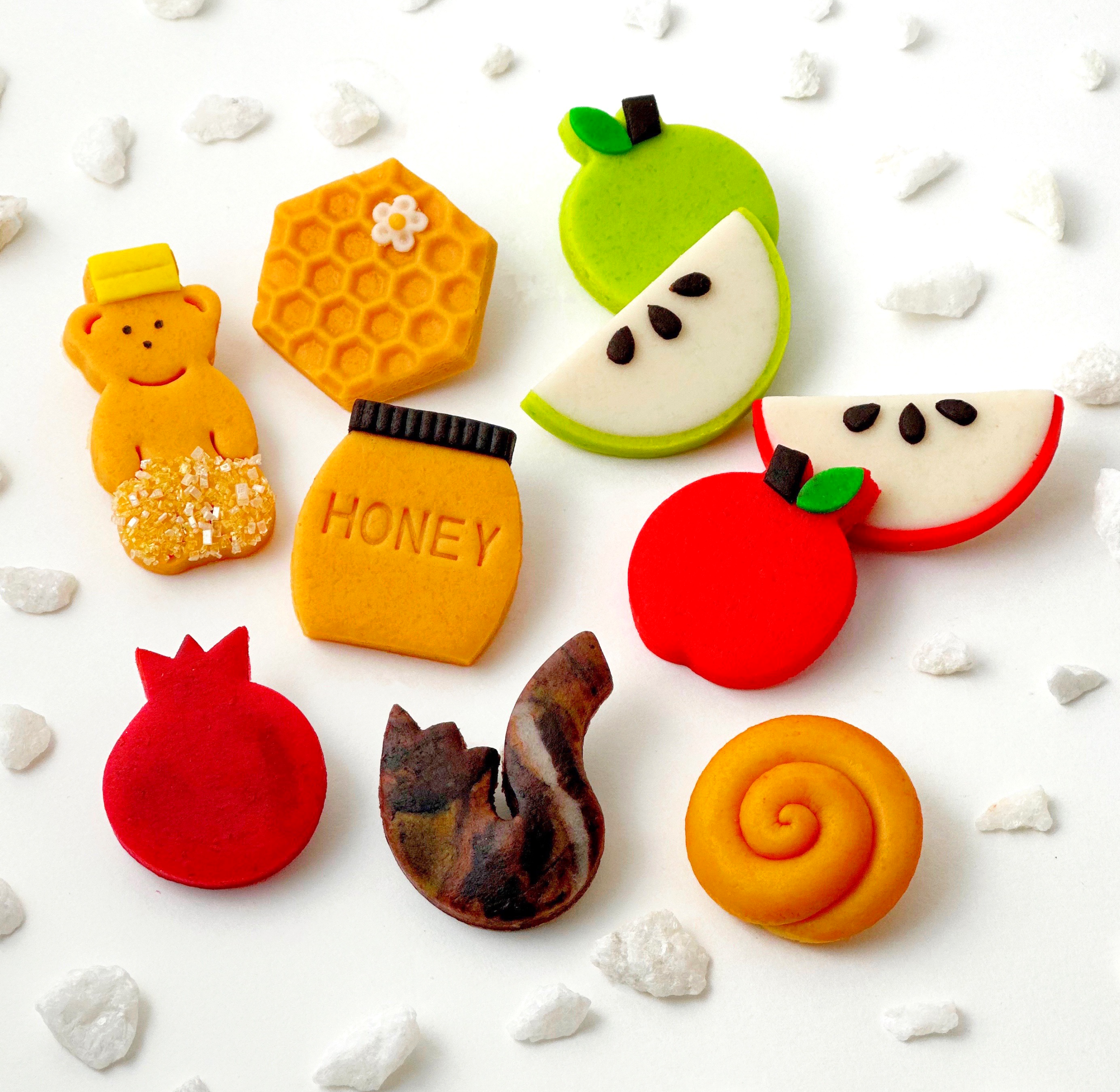 Rosh Hashanah marzipan assortment with apples, honey, pomegranate, shofar and honeycomb by Marzipops