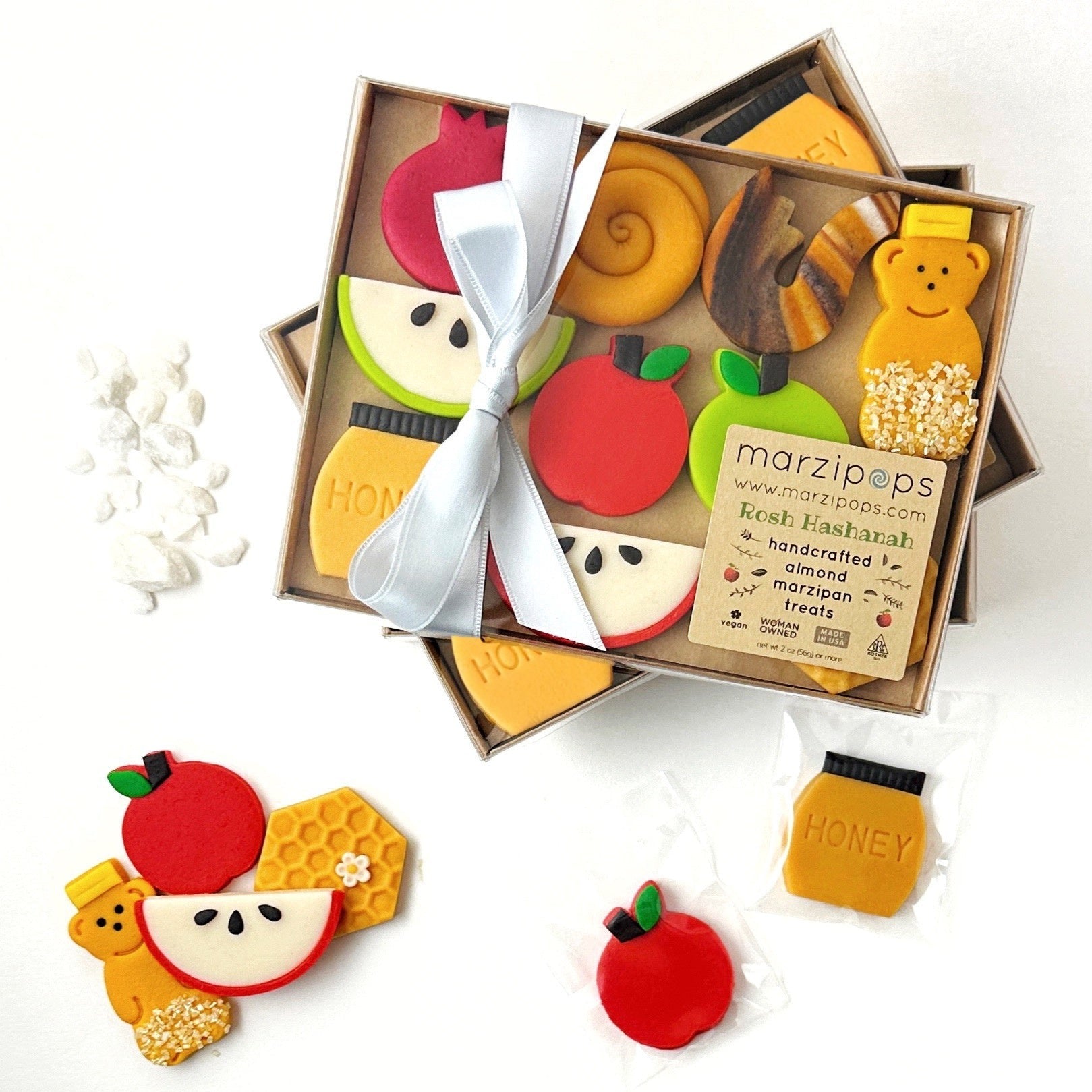 Jewish Family Magic Rosh Hashanah Marzipan Gift Box packaging with handcrafted treats by Marzipops