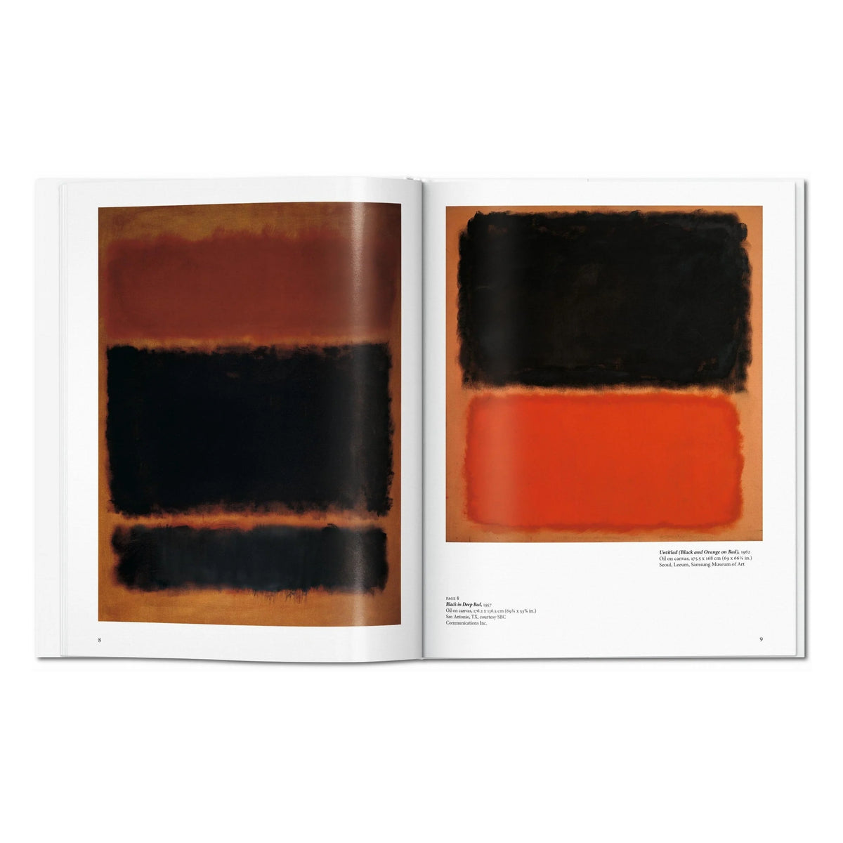 Rothko art book open to two Mark Rothko paintings in black, red, and orange