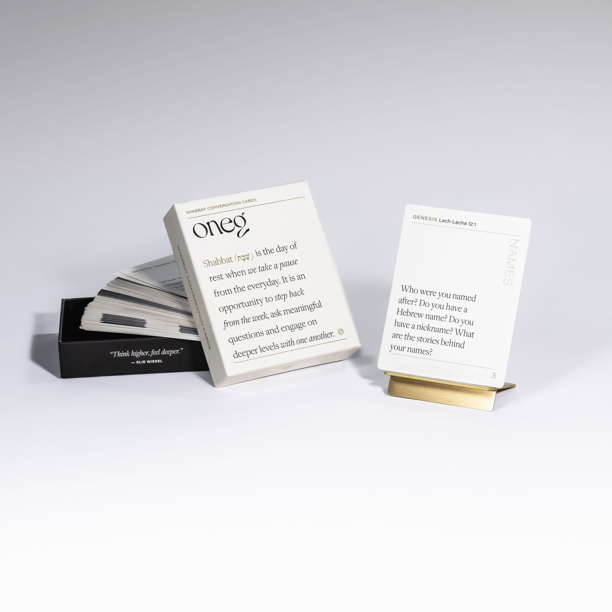 Oneg Shabbat conversation cards with storage box and brass display stand