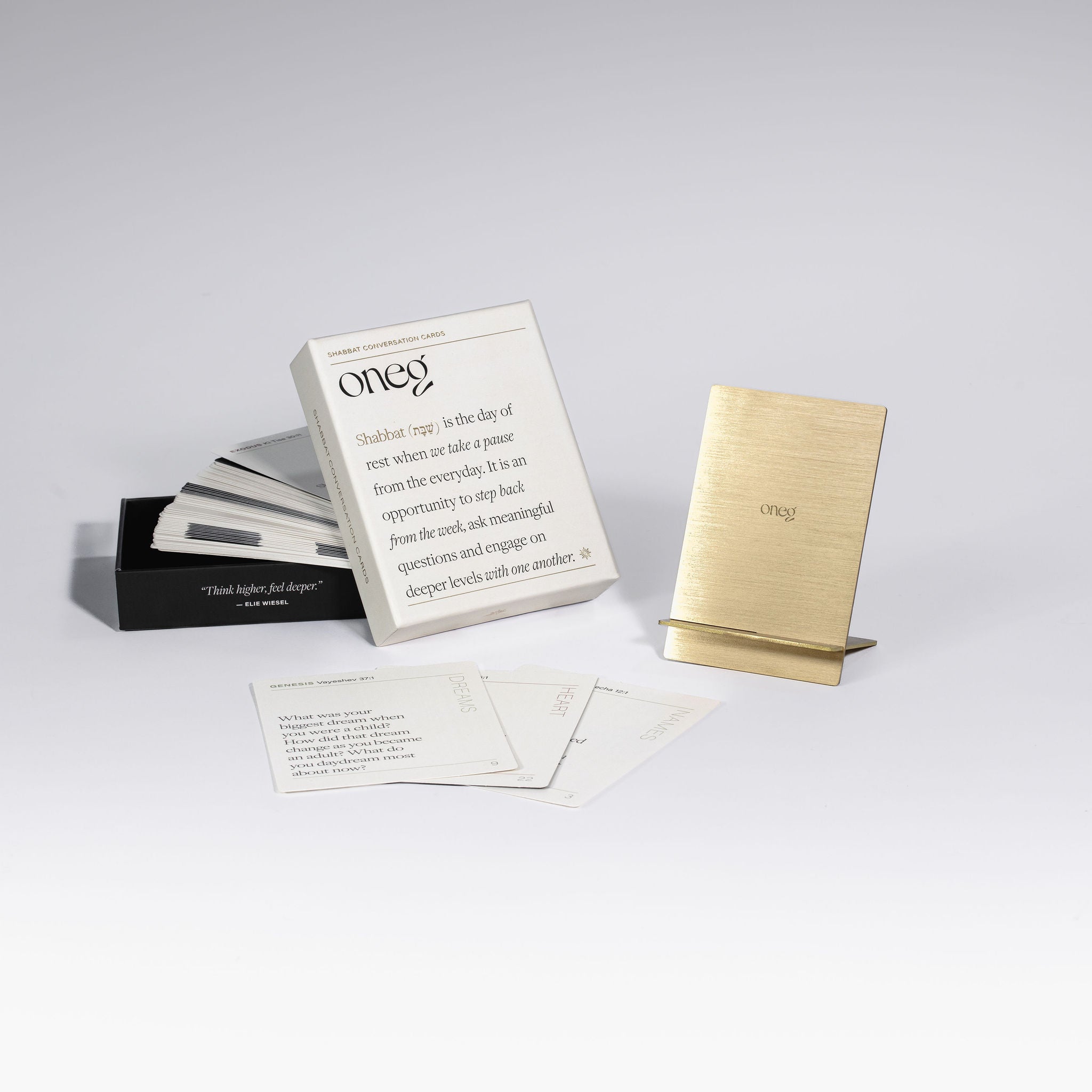 Shabbat Conversation Set with prompt cards, card box and brass display stand by Oneg