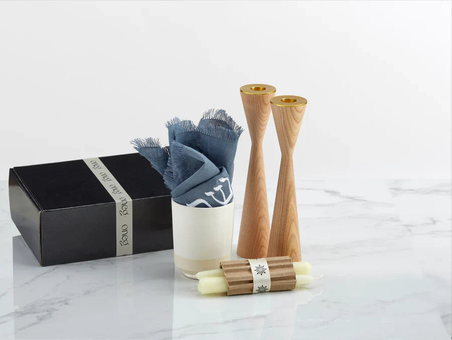 Shabbat Essentials Set with Blue challah cover and Ash candleholders by Oneg