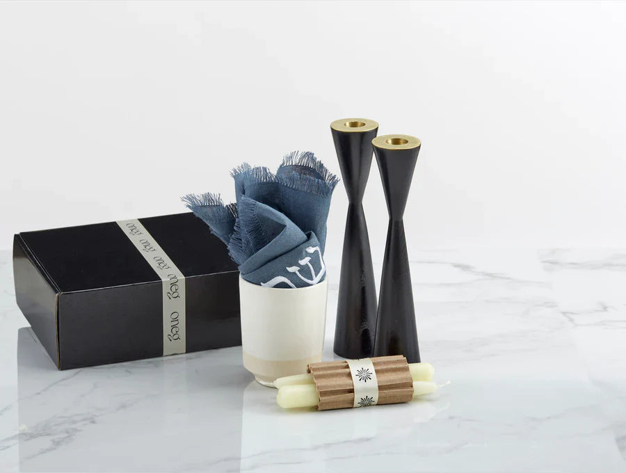 Shabbat Essentials Set with Blue challah cover and Black candleholders by Oneg